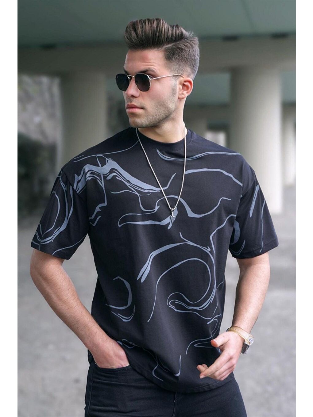 Erkek Desenli Siyah Tişört 5362
