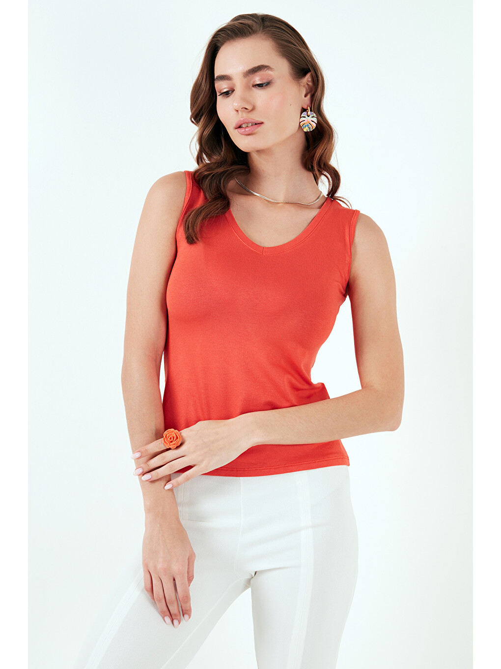 Pembe Slim Fit V Yaka Kalın Askılı 2' li Paket Kadın Bluz 5864384S2-2