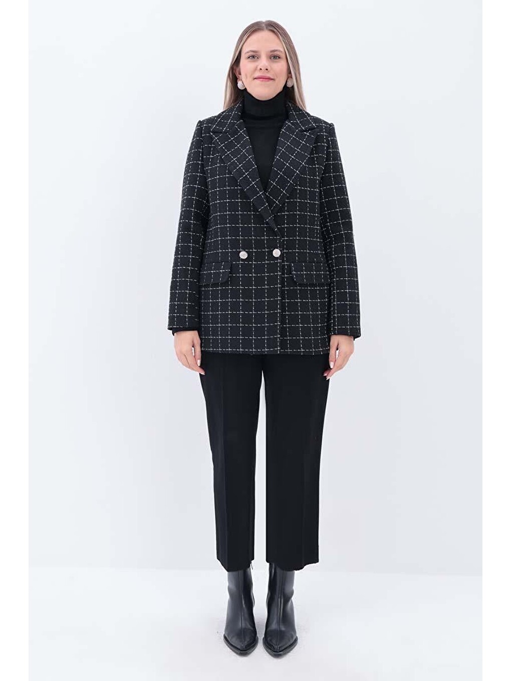 Siyah-ekru-simli Tüvit Kumaş Blazer Ceket-1