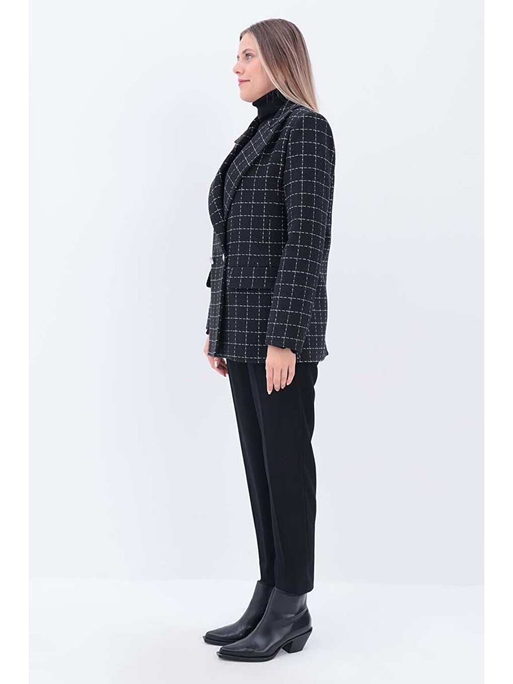 Siyah-ekru-simli Tüvit Kumaş Blazer Ceket-2