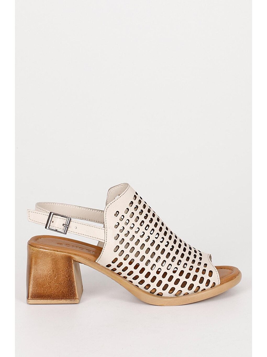 Ekru Hakiki Deri Topuklu Kadın Sandalet 45044-3