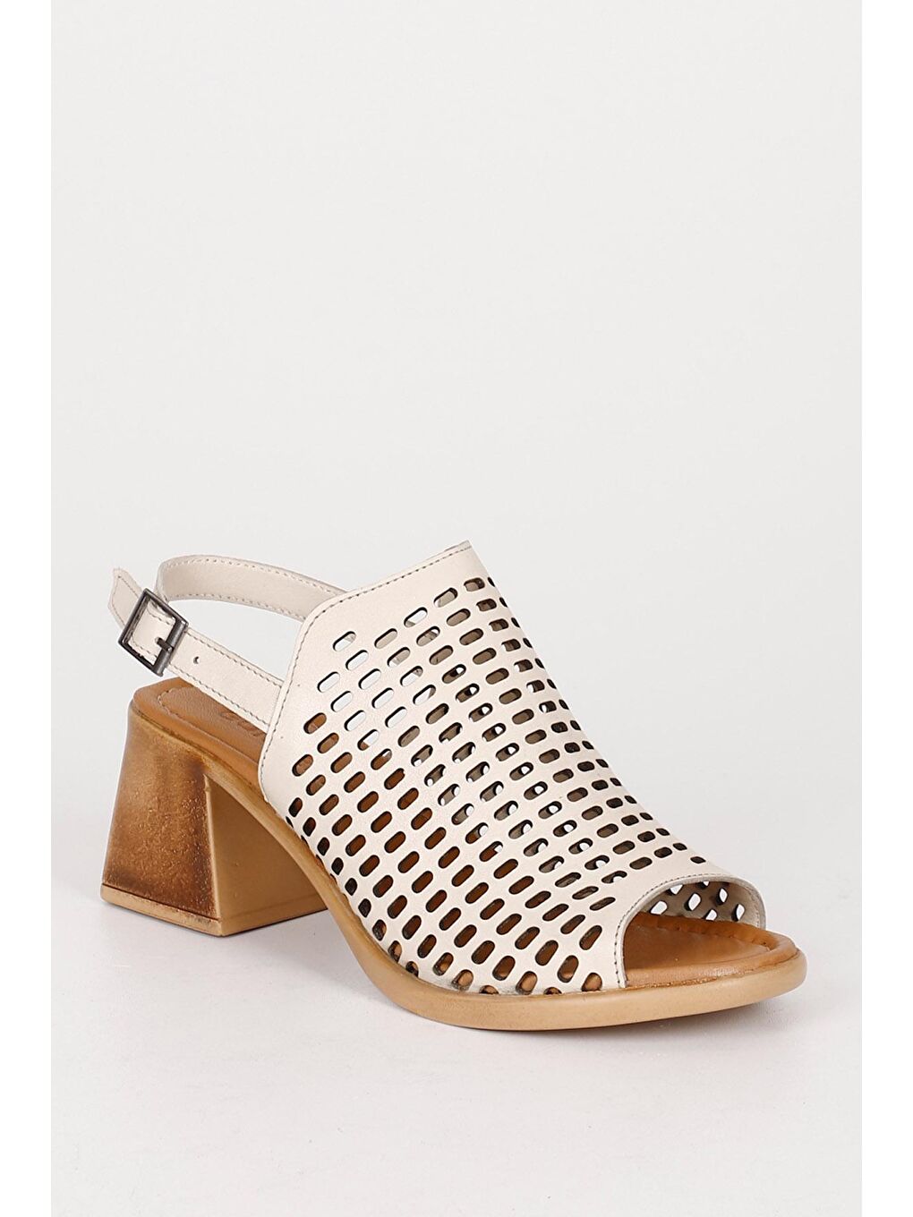 Ekru Hakiki Deri Topuklu Kadın Sandalet 45044-4