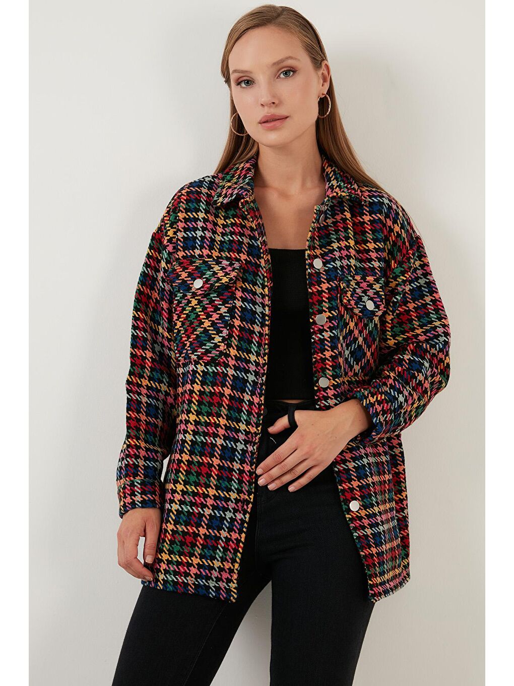 Siyah Kareli Regular Fit Düğmeli Gömlek Ceket 42190497