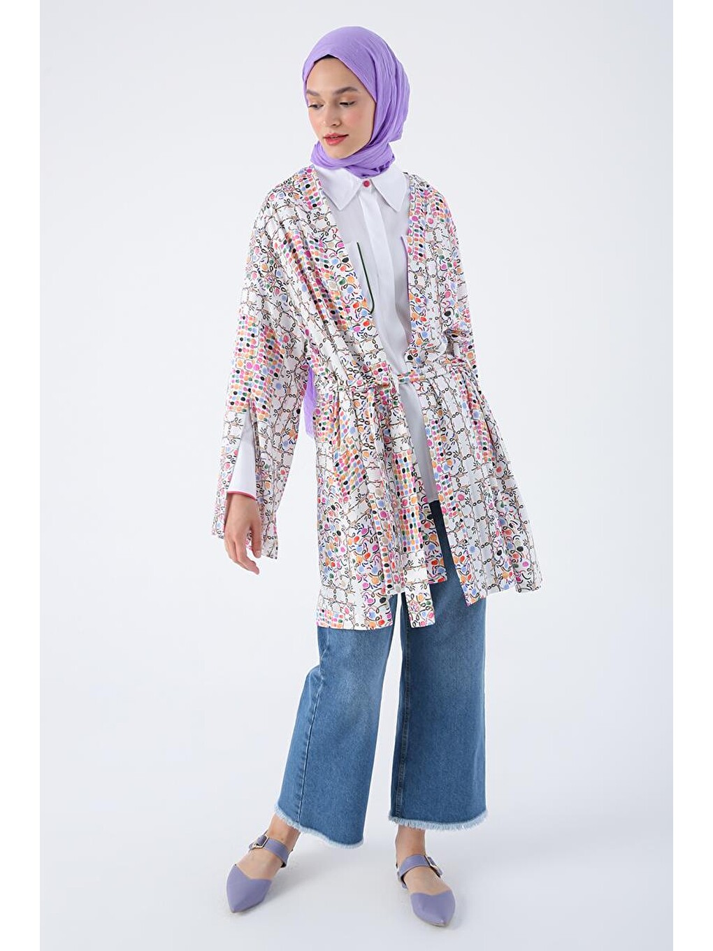 Beyaz-pembe-oversize Kol Yırtmaç Detaylı Kuşaklı Desenli Kimono