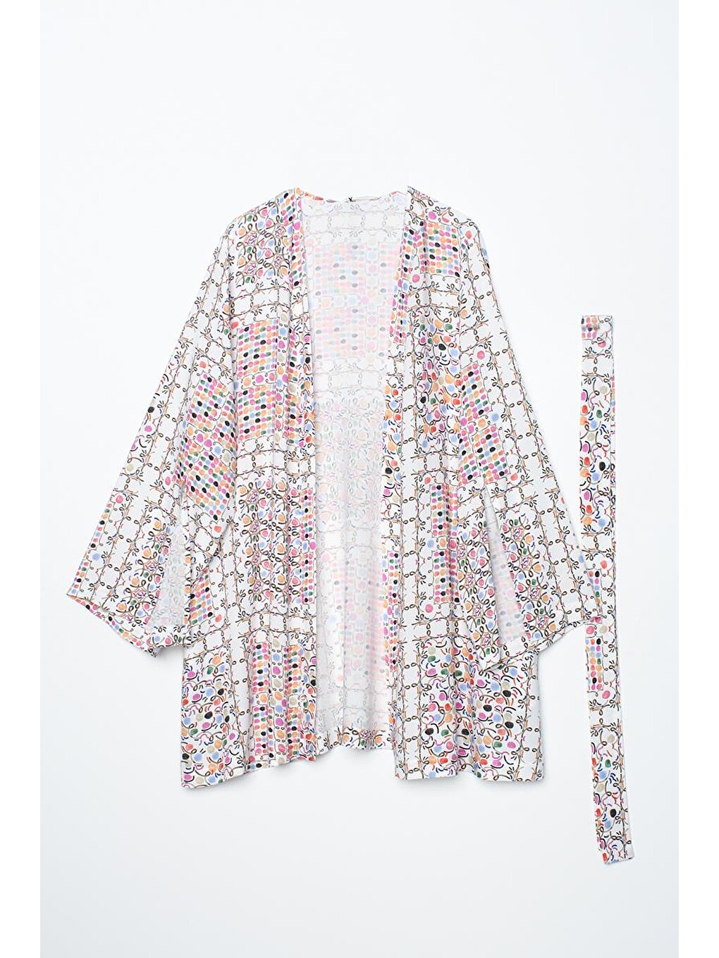Beyaz-pembe-oversize Kol Yırtmaç Detaylı Kuşaklı Desenli Kimono-6