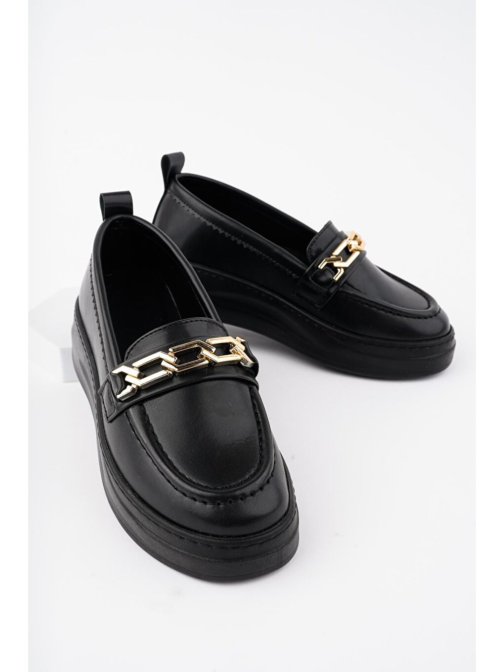 Siyah LYDİA Kadın Loafer Oval Burunlu Kalın Taban Tokalı Günlük Makosen Ayakkabı-3