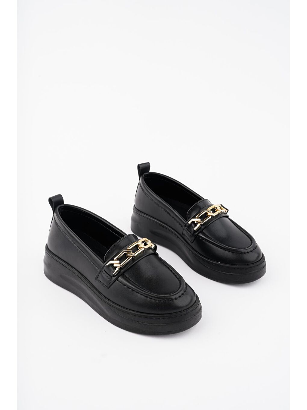 Siyah LYDİA Kadın Loafer Oval Burunlu Kalın Taban Tokalı Günlük Makosen Ayakkabı-4