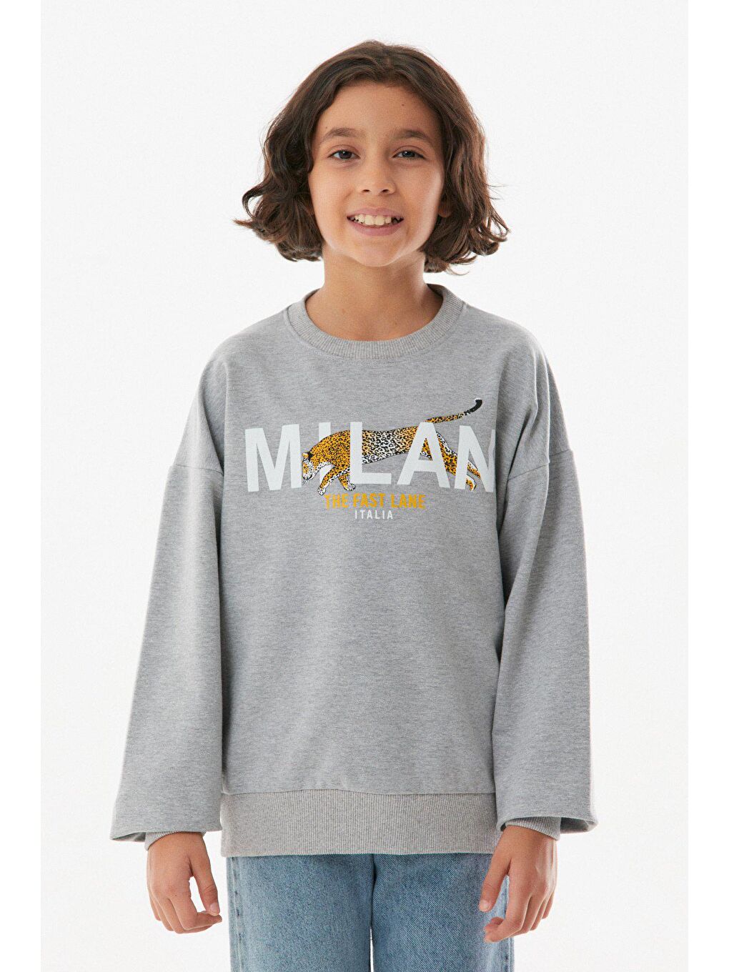 Gri Baskılı Bisiklet Yaka Unisex Sweatshirt