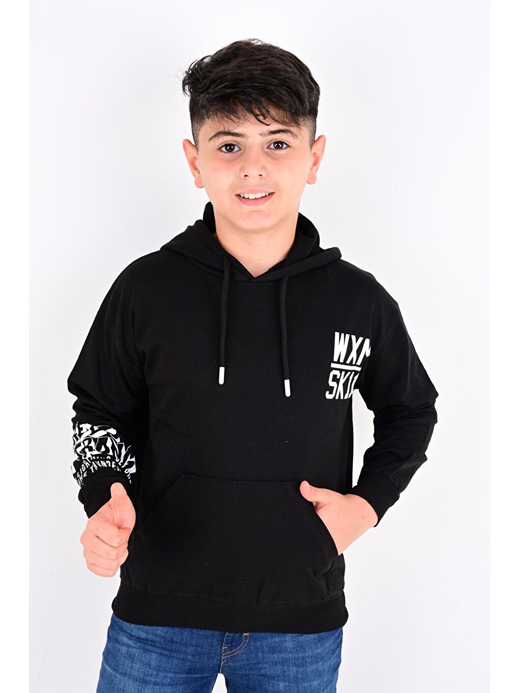 Siyah Erkek Çocuk Oversize Kapüşonlu Cepli Sweatshirt 9-14 Yaş 6907