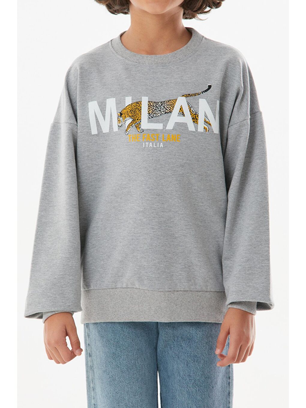 Gri Baskılı Bisiklet Yaka Unisex Sweatshirt-1