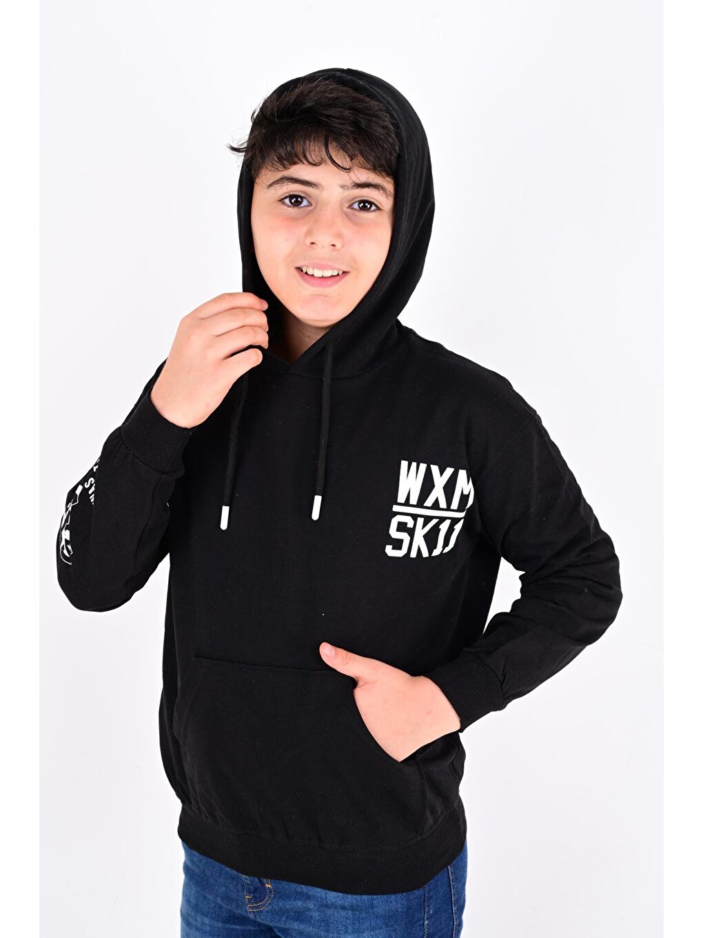 Siyah Erkek Çocuk Oversize Kapüşonlu Cepli Sweatshirt 9-14 Yaş 6907-1