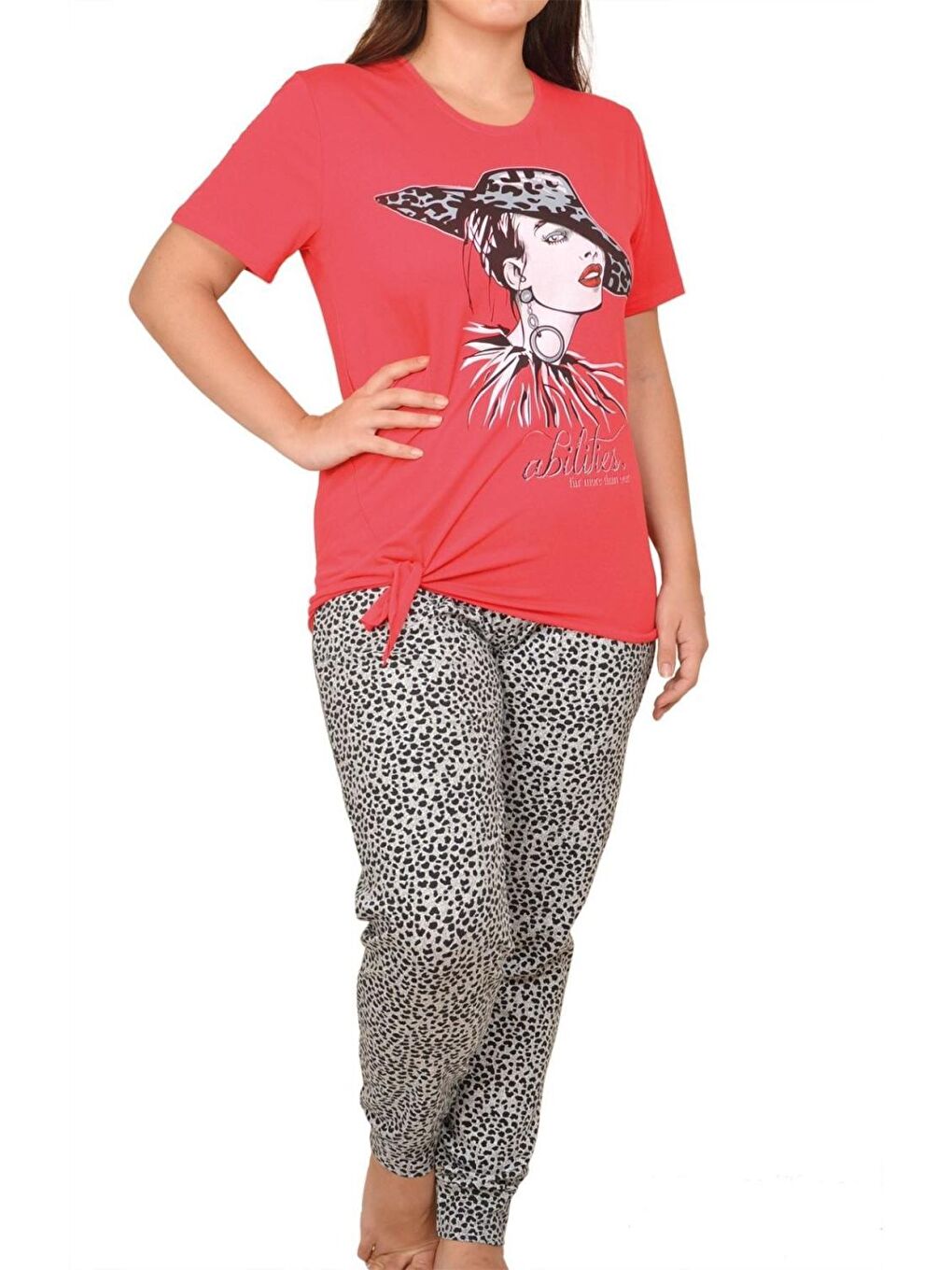 Kırmızı Kadın Pijama Takımı Kısa Kollu Büyük Beden Elastanlı Nar-1