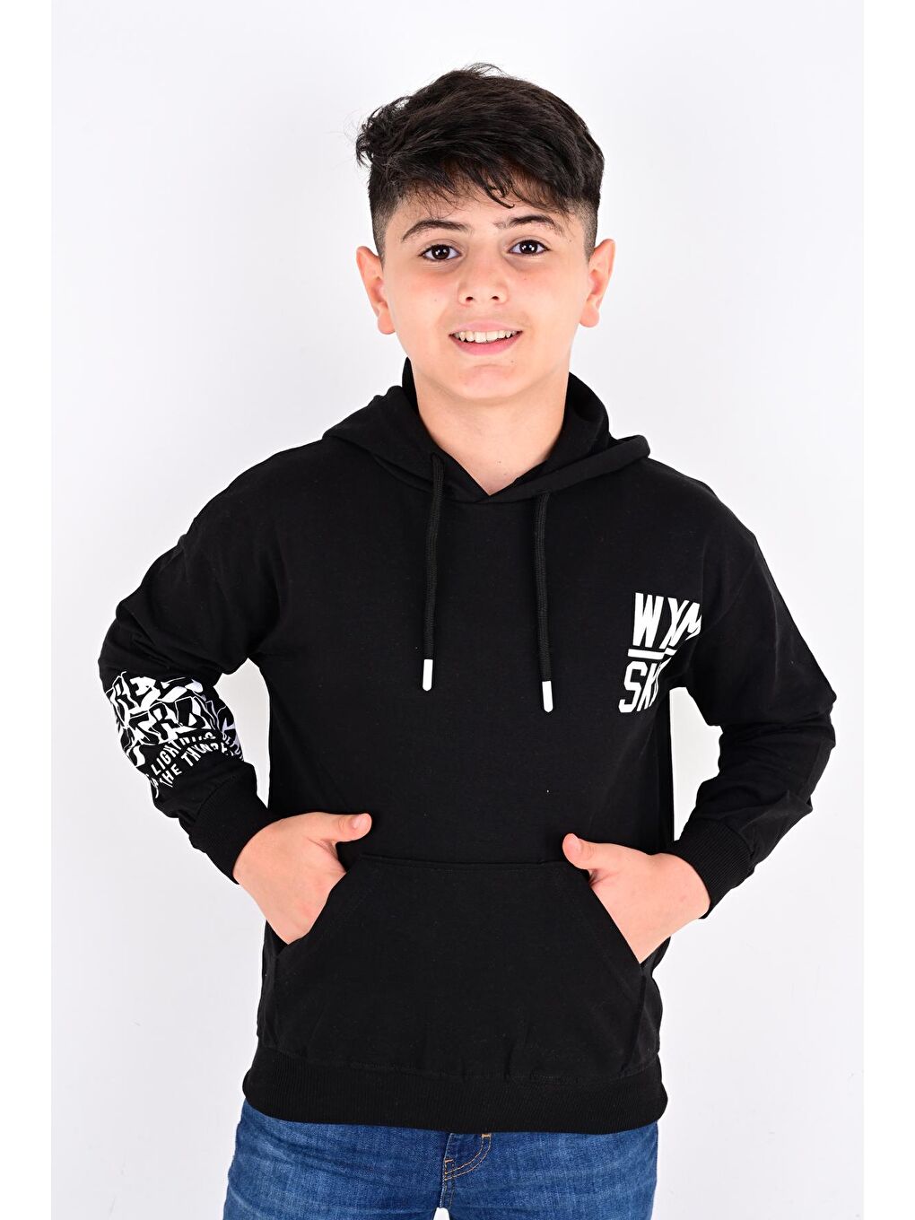 Siyah Erkek Çocuk Oversize Kapüşonlu Cepli Sweatshirt 9-14 Yaş 6907-2