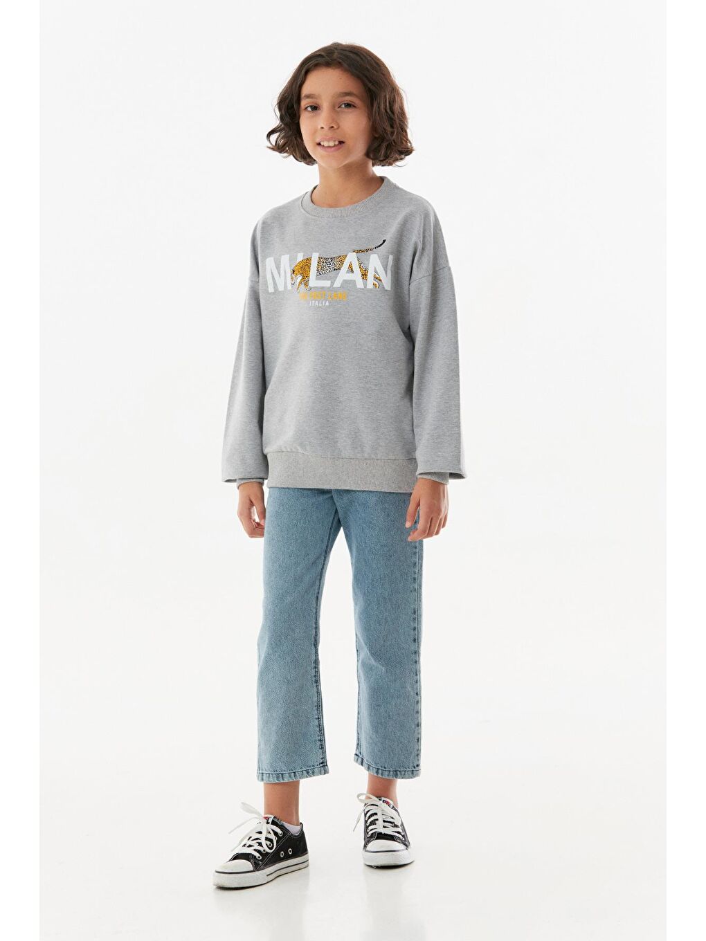 Gri Baskılı Bisiklet Yaka Unisex Sweatshirt-2