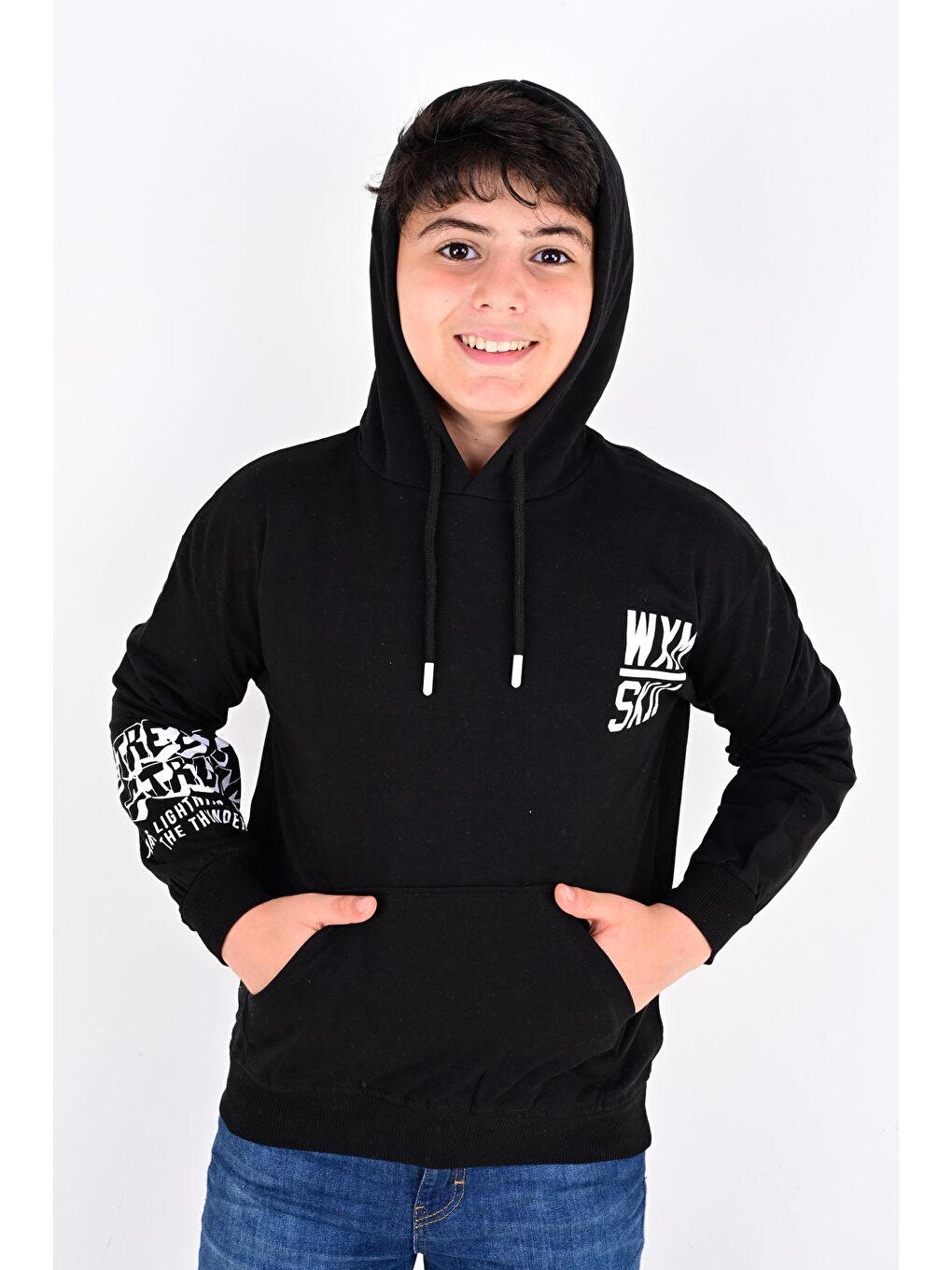 Siyah Erkek Çocuk Oversize Kapüşonlu Cepli Sweatshirt 9-14 Yaş 6907-3
