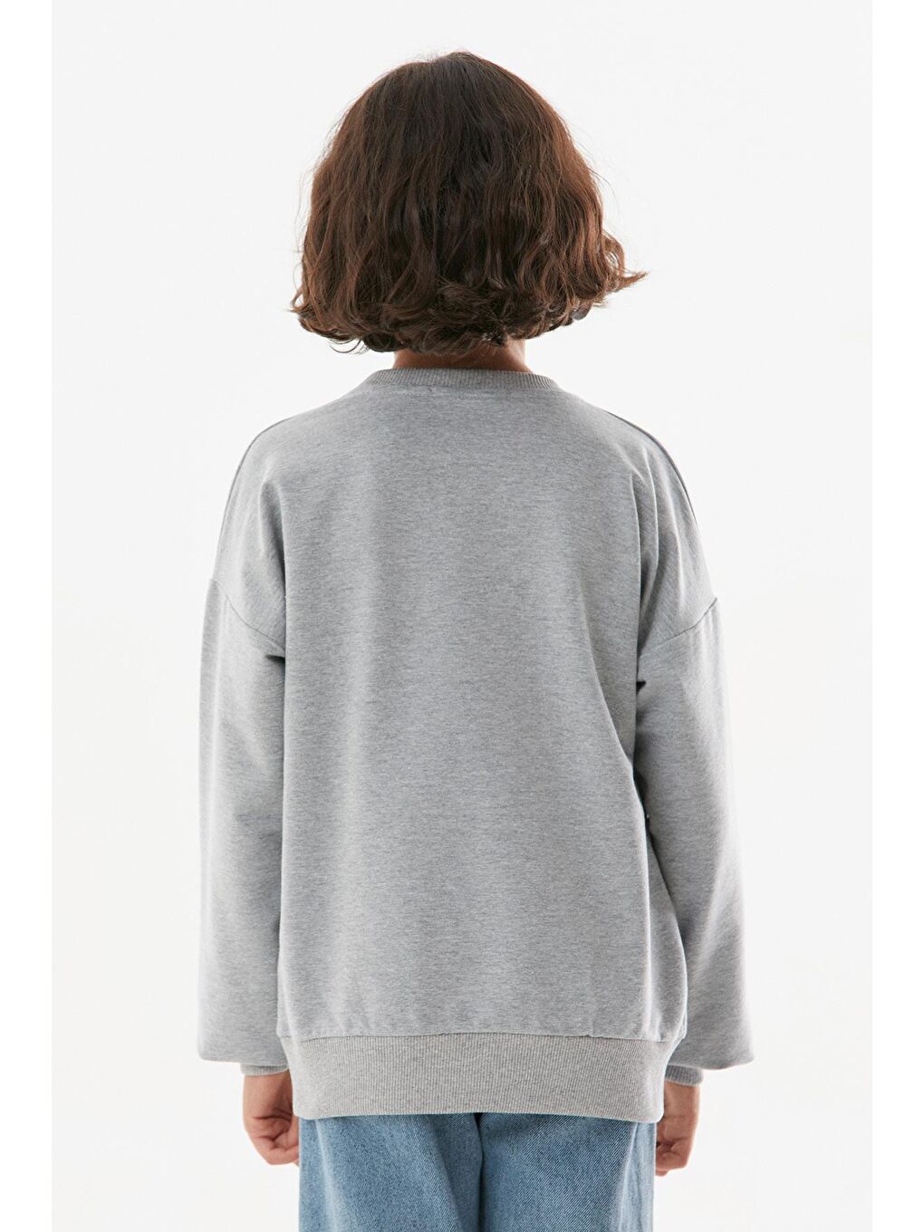 Gri Baskılı Bisiklet Yaka Unisex Sweatshirt-4