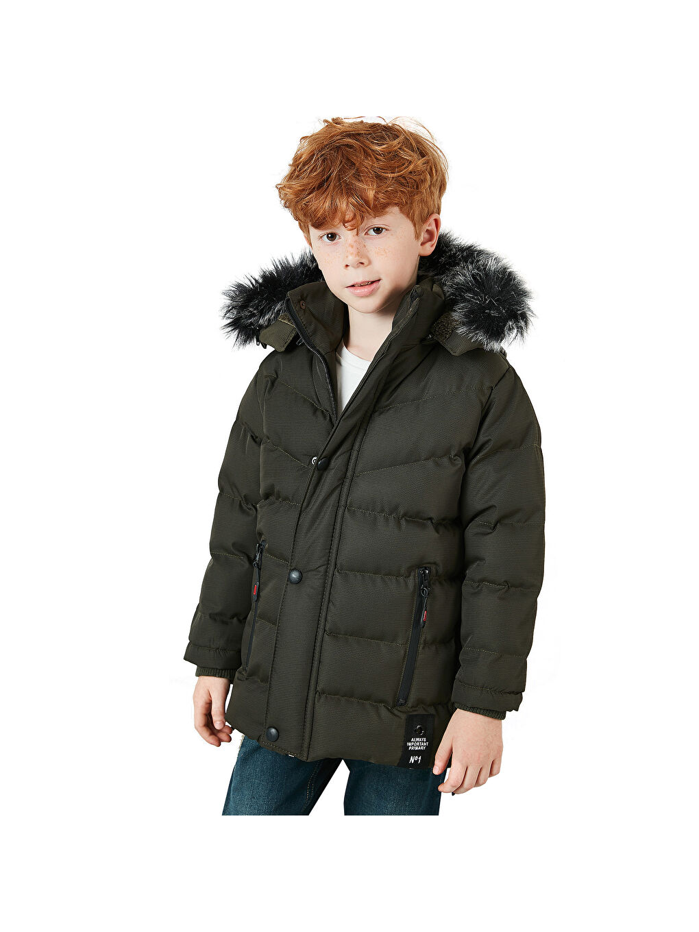 Haki Suni Kürklü Pelüş Astarlı Çıkarılabilir Kapüşonlu Erkek Çocuk Mont 5763028-7