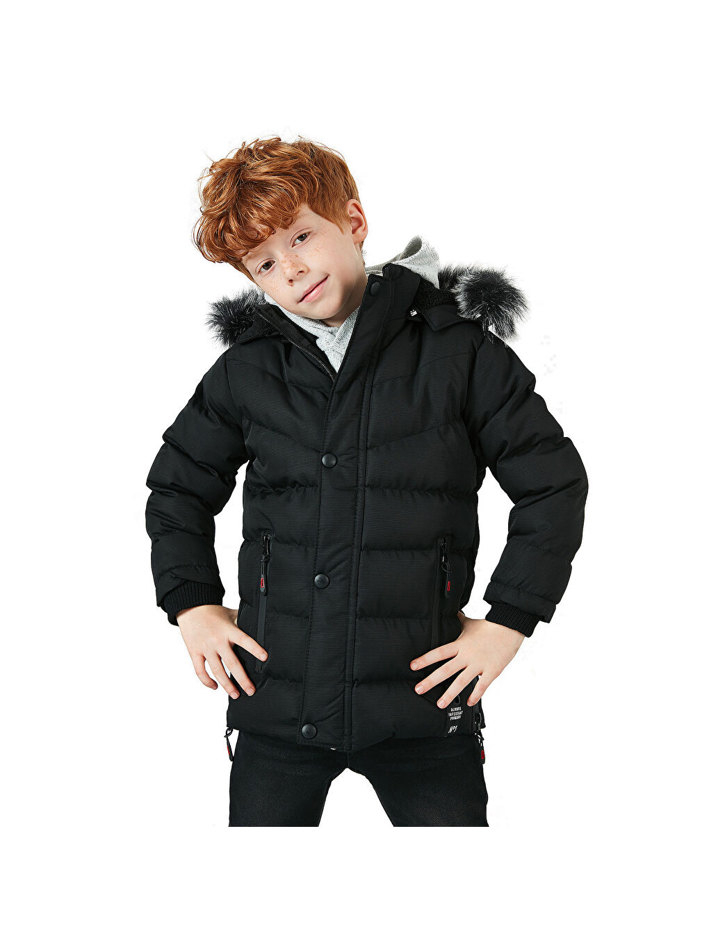 Siyah Suni Kürklü Pelüş Astarlı Çıkarılabilir Kapüşonlu Erkek Çocuk Mont 5763028-8