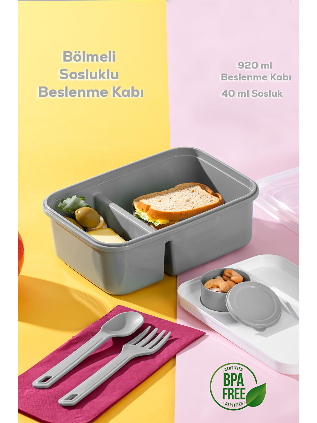 1183 Kendinden Kaşık Çatallı Sosluklu Bölmeli Beslenme Kabı - Taşınabilir Lunch Box Gri-2