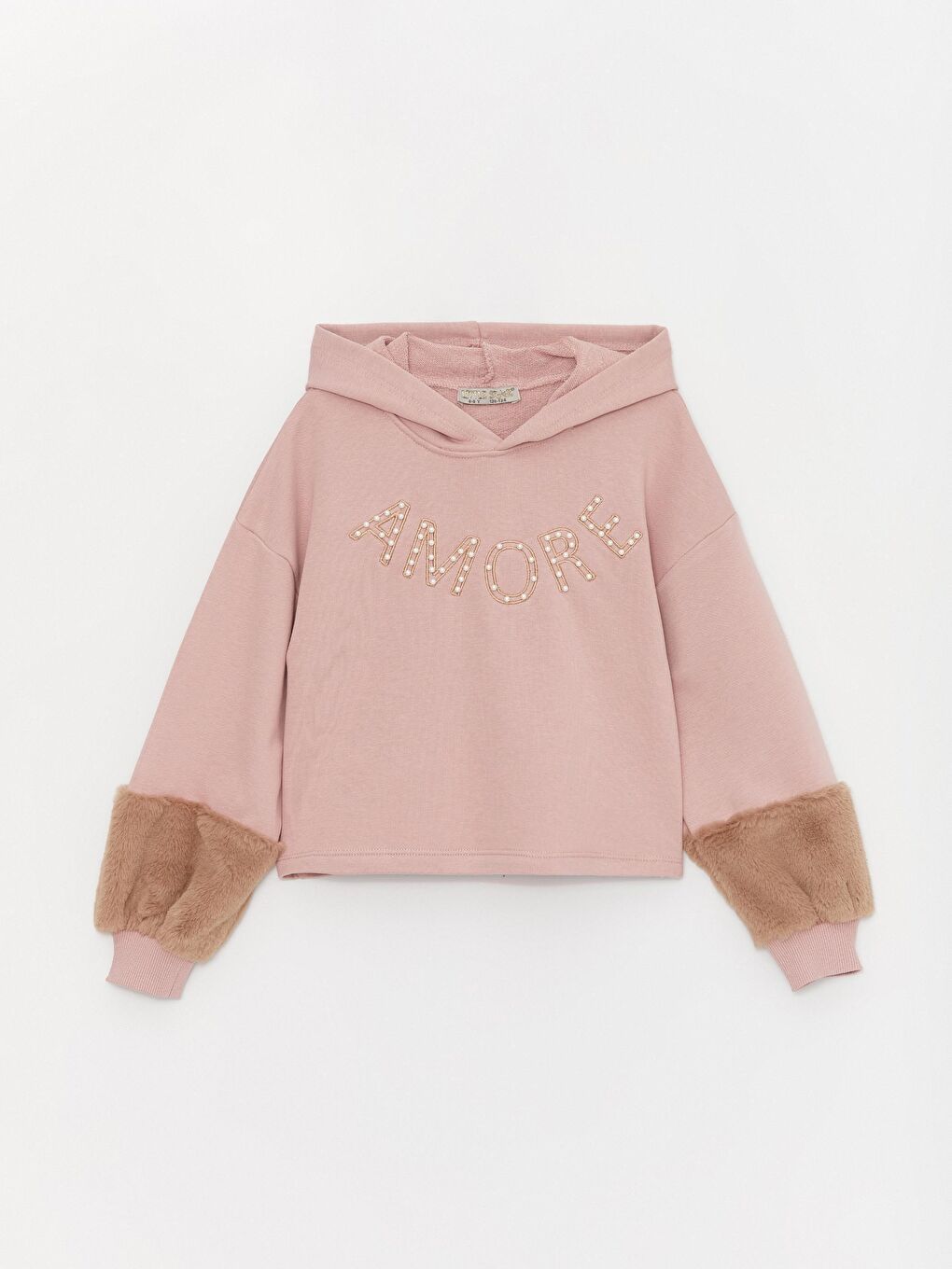 Pembe Kız Çocuk Kolu Kürklü Kapüşonlu Üç İplik Amore SweatShirt