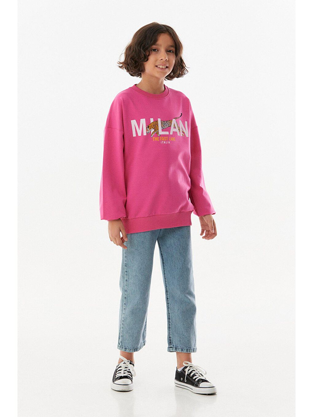 Fuşya Baskılı Bisiklet Yaka Unisex Sweatshirt