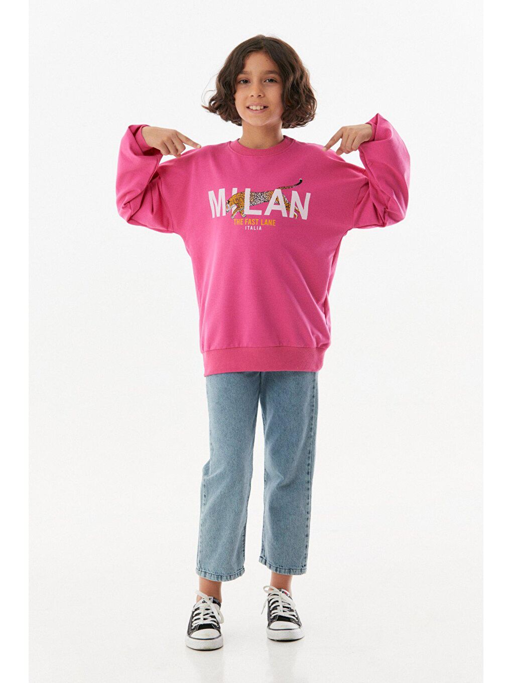 Fuşya Baskılı Bisiklet Yaka Unisex Sweatshirt-1