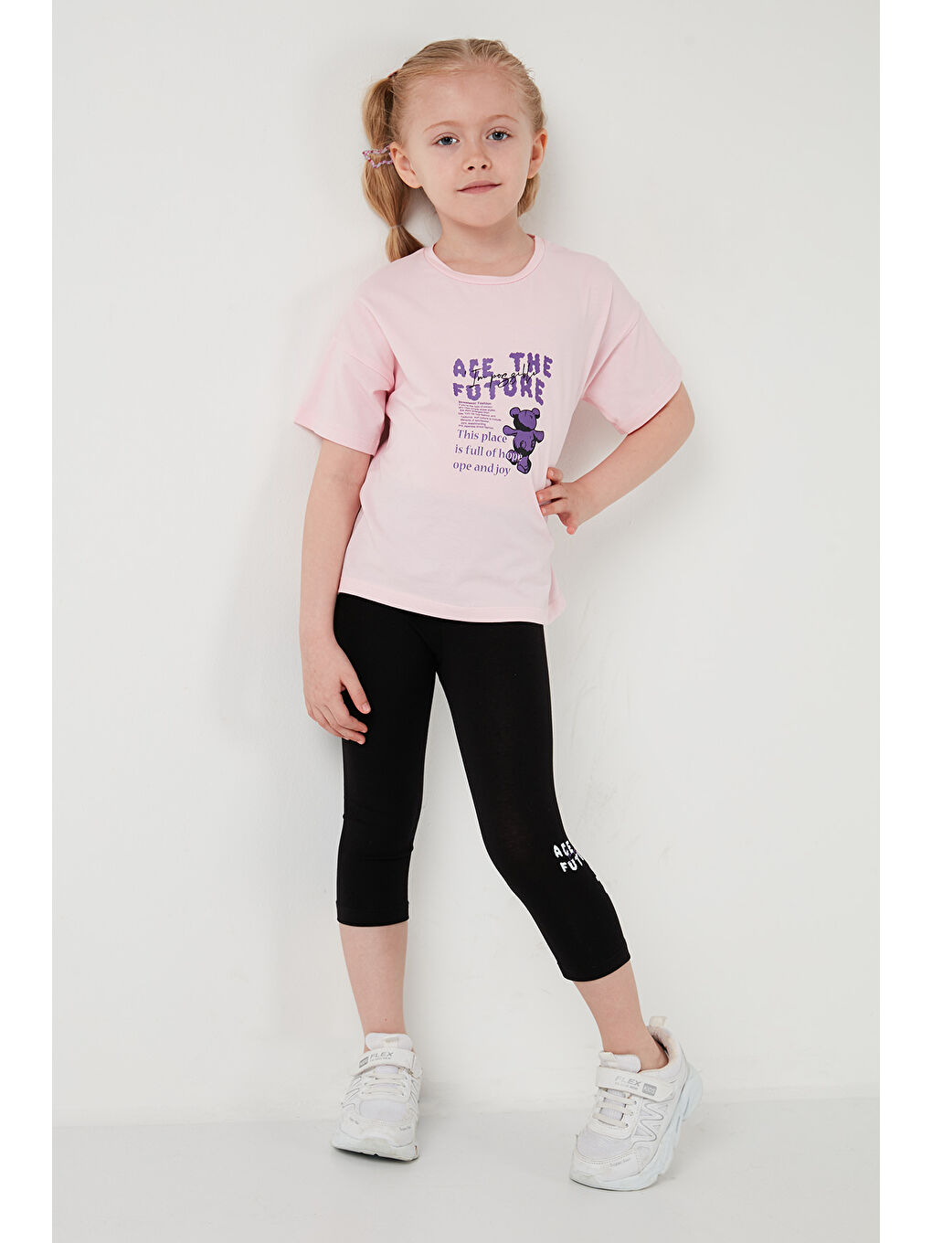 Pembe Pamuklu Bisiklet Yaka Kısa Kollu Taytlı Alt-Üst Kız Çocuk Takım 6212003-5