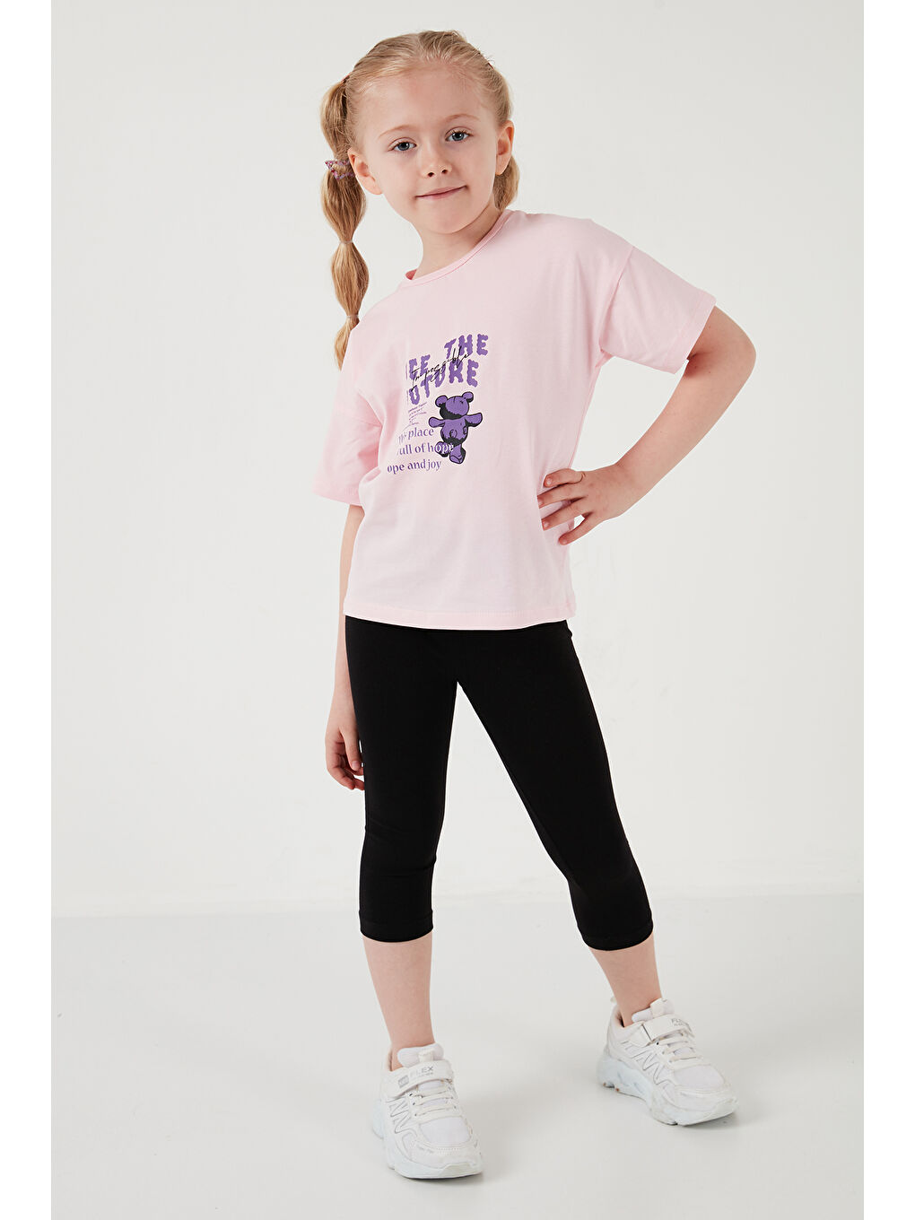 Pembe Pamuklu Bisiklet Yaka Kısa Kollu Taytlı Alt-Üst Kız Çocuk Takım 6212003-7