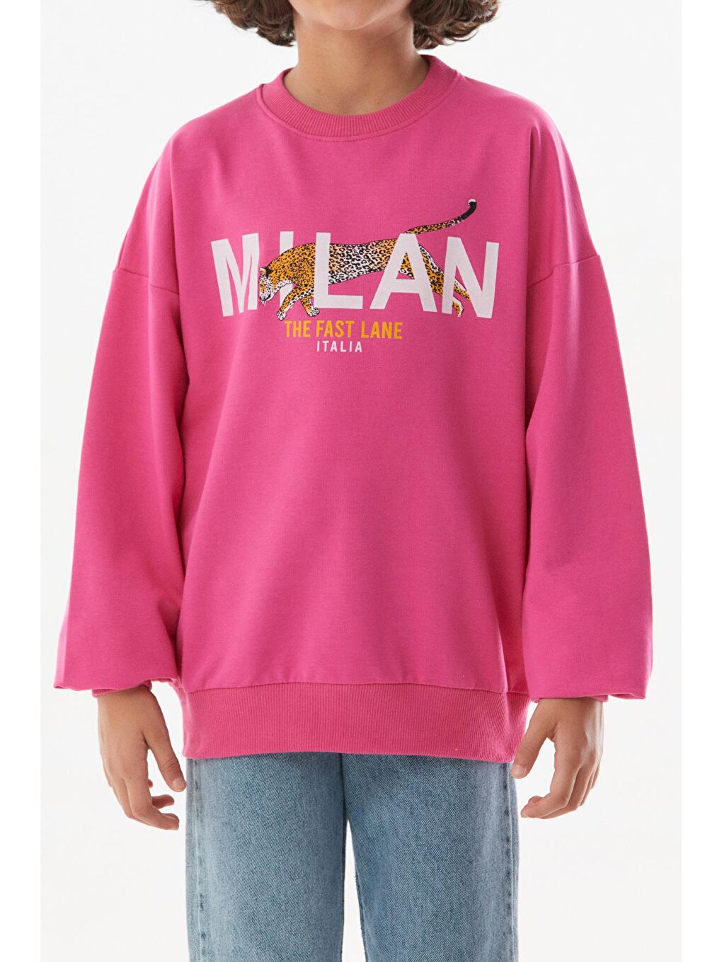 Fuşya Baskılı Bisiklet Yaka Unisex Sweatshirt-3