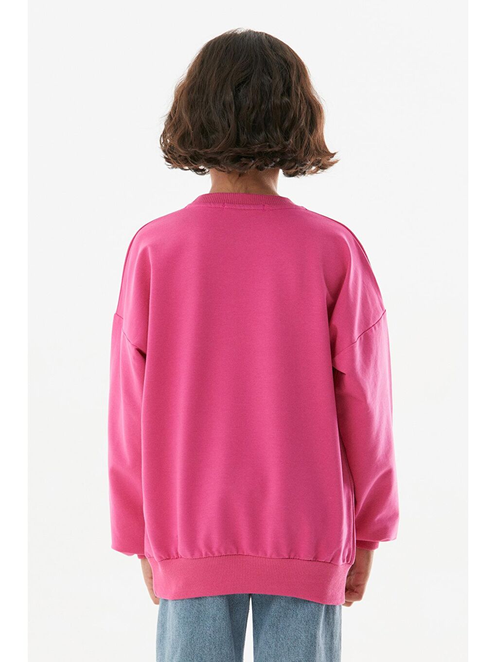 Fuşya Baskılı Bisiklet Yaka Unisex Sweatshirt-4