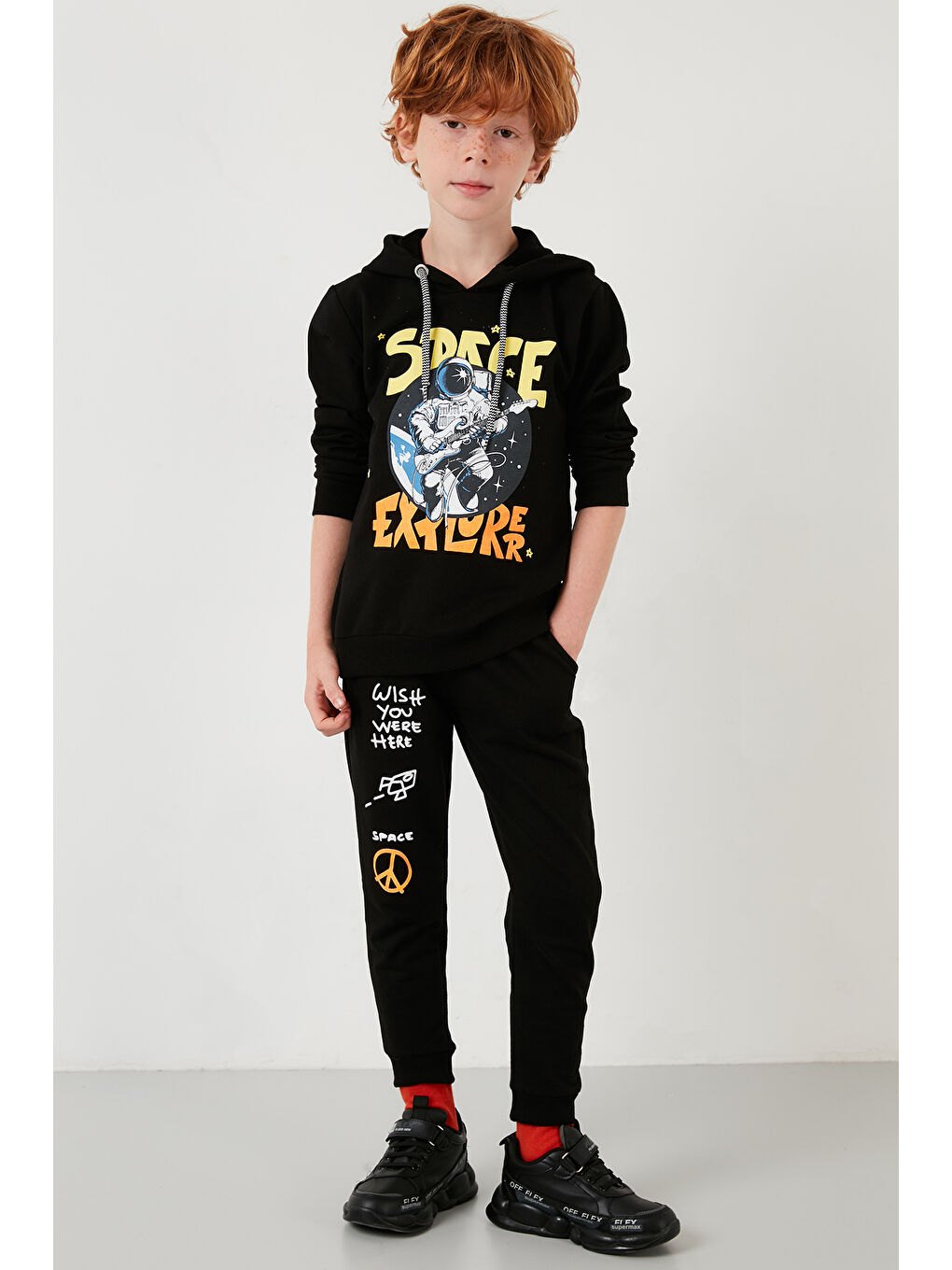 Siyah Baskılı Kapüşonlu Cepli % 100 Pamuk Çocuk Unisex Çocuk Takım 5922017-5