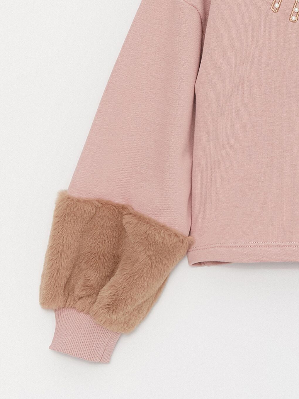 Pembe Kız Çocuk Kolu Kürklü Kapüşonlu Üç İplik Amore SweatShirt-2