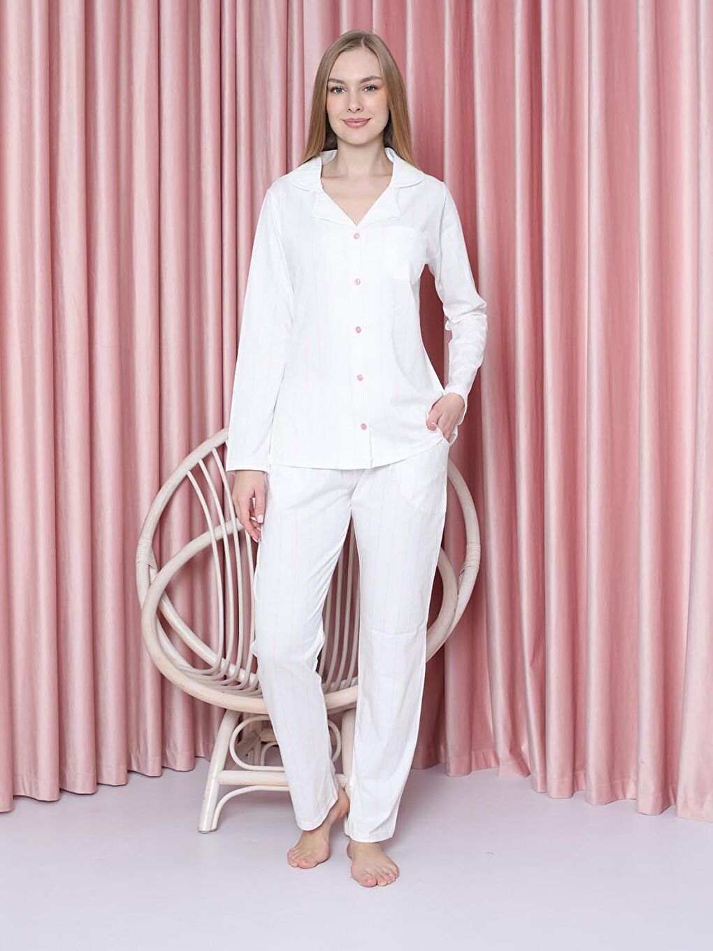 Kadın Pijama Takımı Pembe Çizgili Pamuklu Mevsimlik W20602299-1