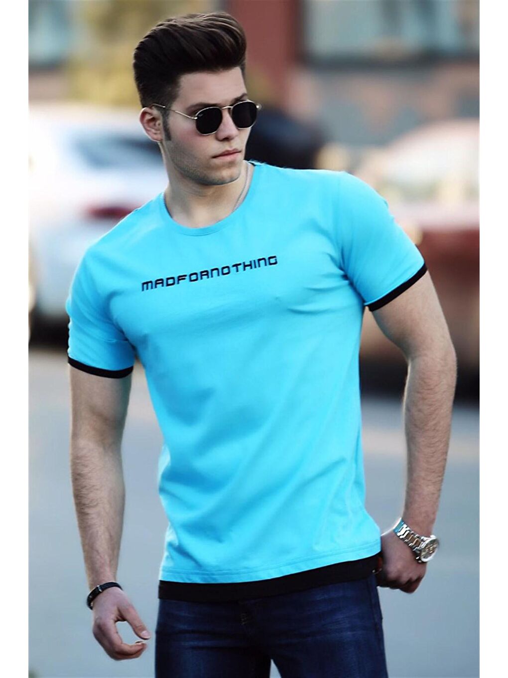 Baskılı Mavi Erkek Tişört 4479
