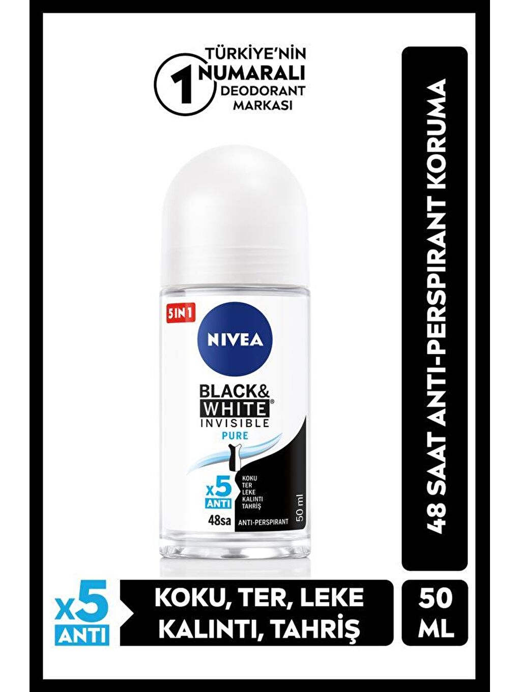 NIVEA Şeffaf Kadın Roll On Deodorant Black&White Invisible Pure 48 Saat Anti-Perspirant Koruma 50 ml