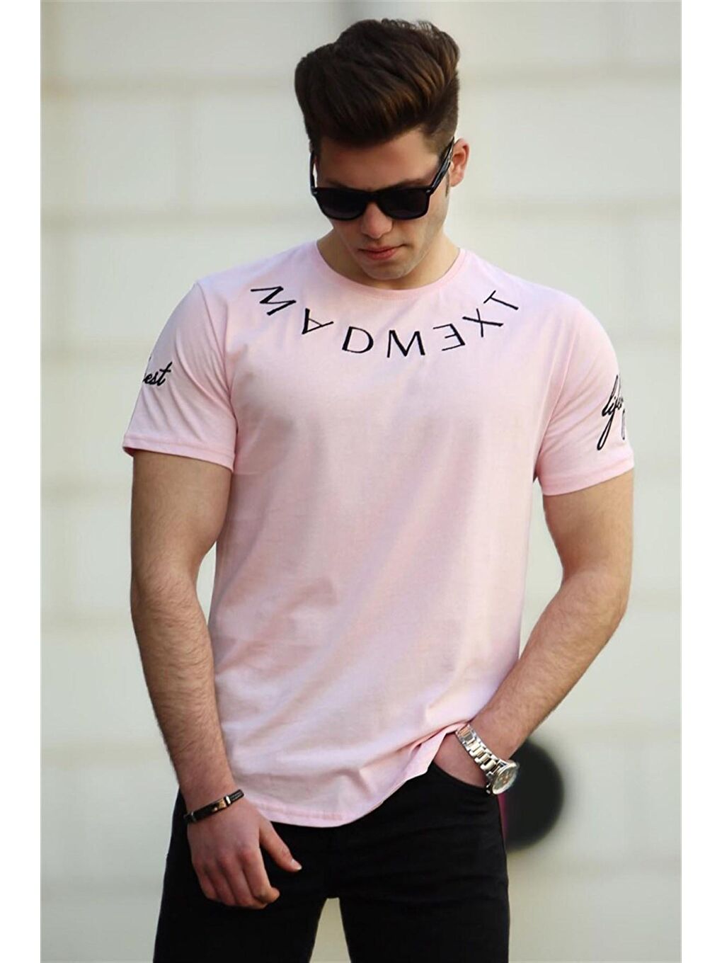 Pembe Pudra Nakışlı Erkek %100 Pamuk Tişört 4512