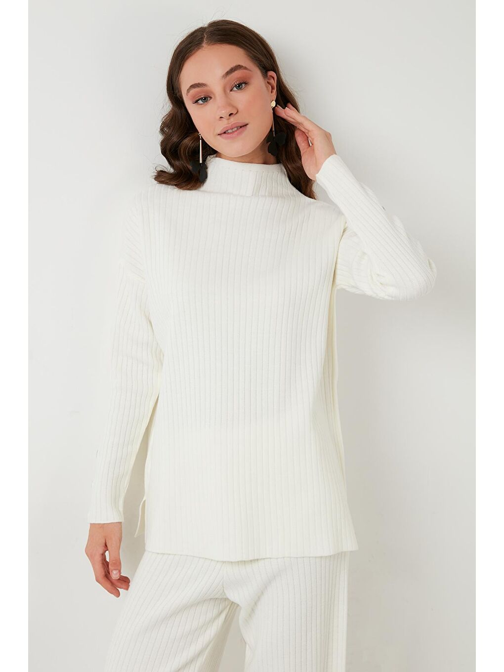 Ekru Yün Karışımlı Düğme Detaylı Fitilli Balıkçı Yaka Triko Alt-Üst Takım 4615103-1