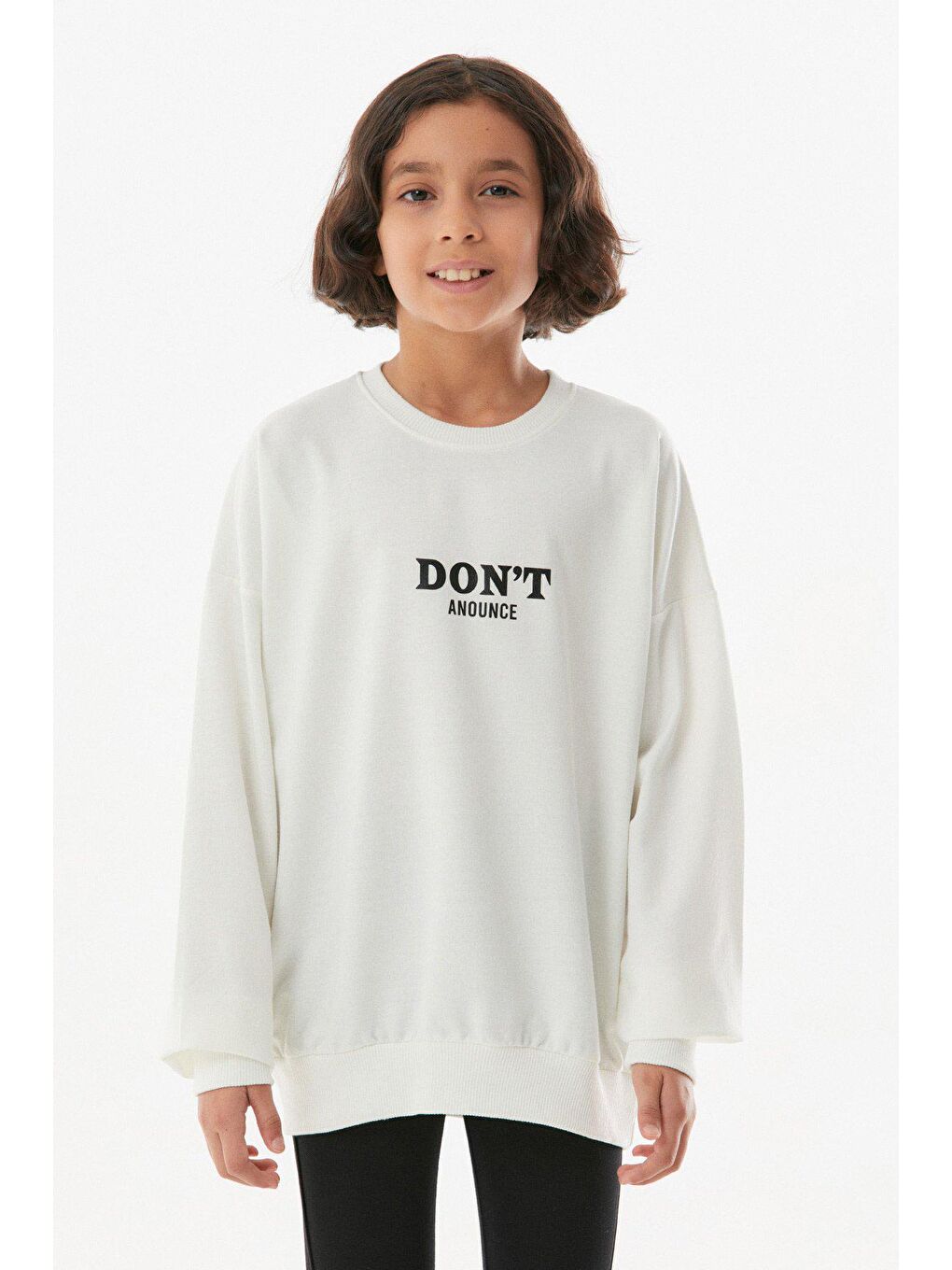 Ekru Yazı Baskılı Bisiklet Yaka Kız Çocuk Sweatshirt