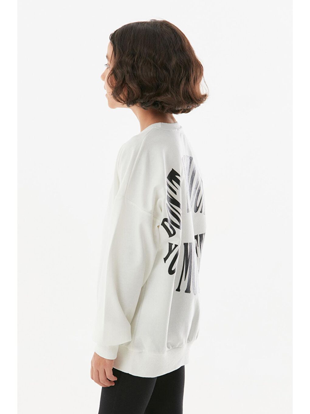 Ekru Yazı Baskılı Bisiklet Yaka Kız Çocuk Sweatshirt-2