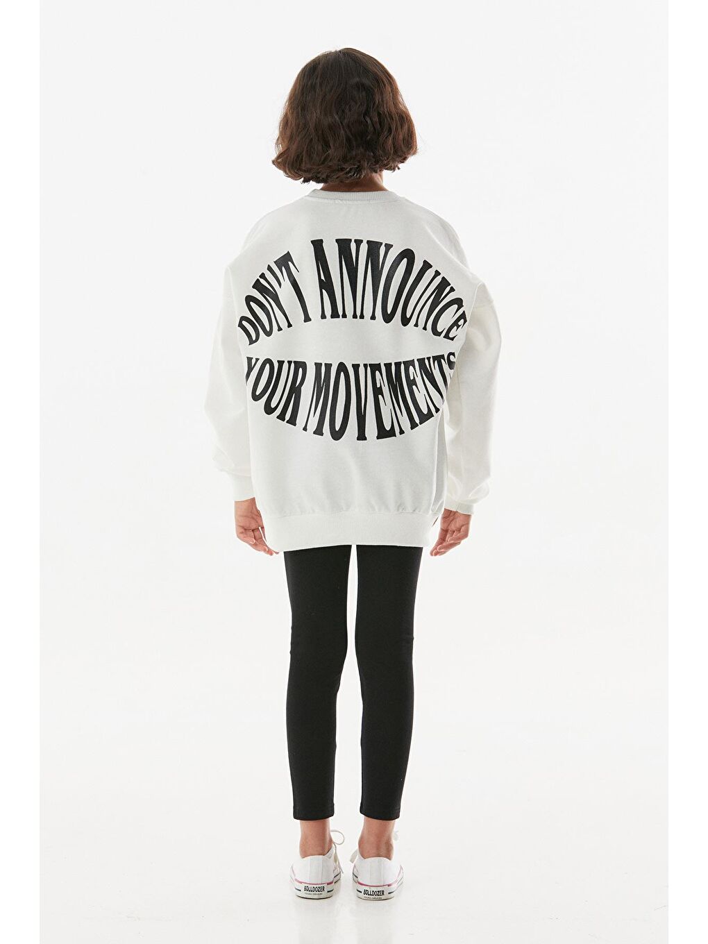 Ekru Yazı Baskılı Bisiklet Yaka Kız Çocuk Sweatshirt-3