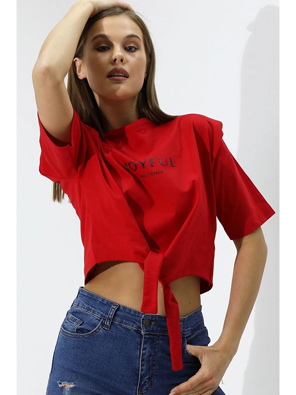 hazelin Kırmızı Kadın Kırmızı Yazı Baskılı Oversize Vatkalı Bel Detay Örme T-Shirt HZL23S-DSB120231 - 3