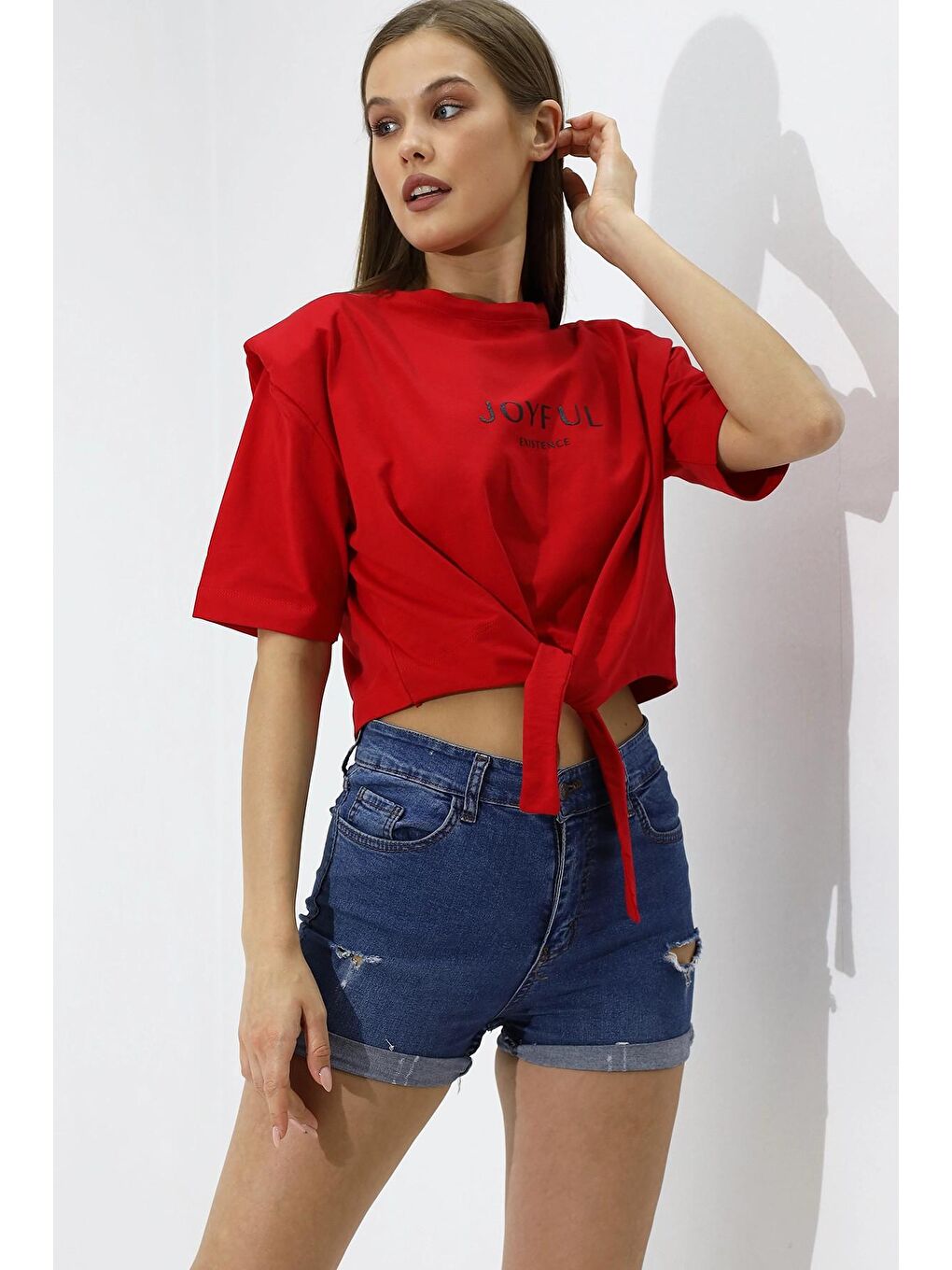 hazelin Kırmızı Kadın Kırmızı Yazı Baskılı Oversize Vatkalı Bel Detay Örme T-Shirt HZL23S-DSB120231 - 4