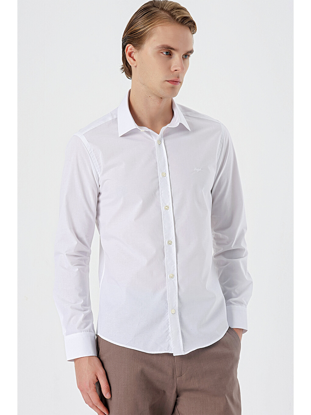 Beyaz Uzun Kollu Filafil Sert Yaka Cepsiz Pamuklu Basic Slim Fit Dar Kesim Gömlek 1004240008-2