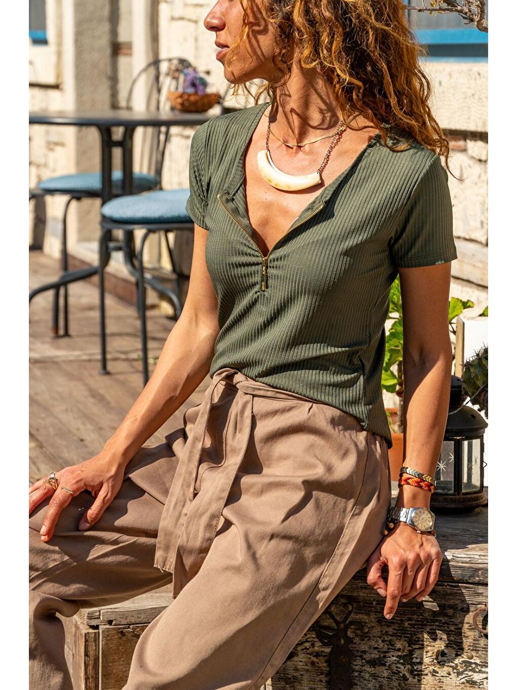 Kadın Haki Fermuarlı Basic Bluz GK-BSTK4023