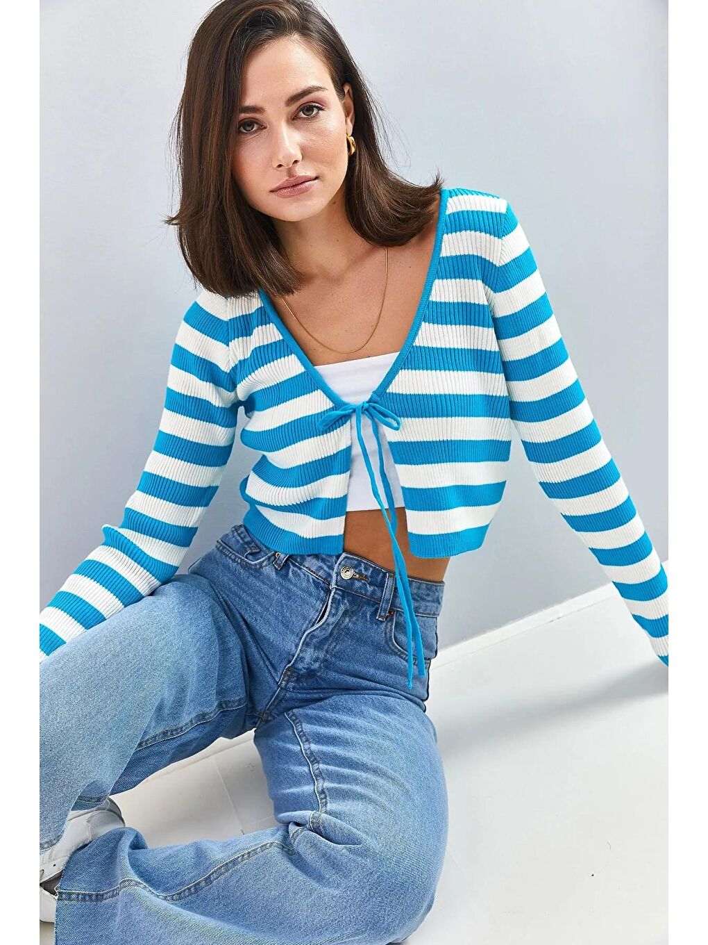 Mavi Kadın Önü Bağlamalı Triko Bolero Hırka