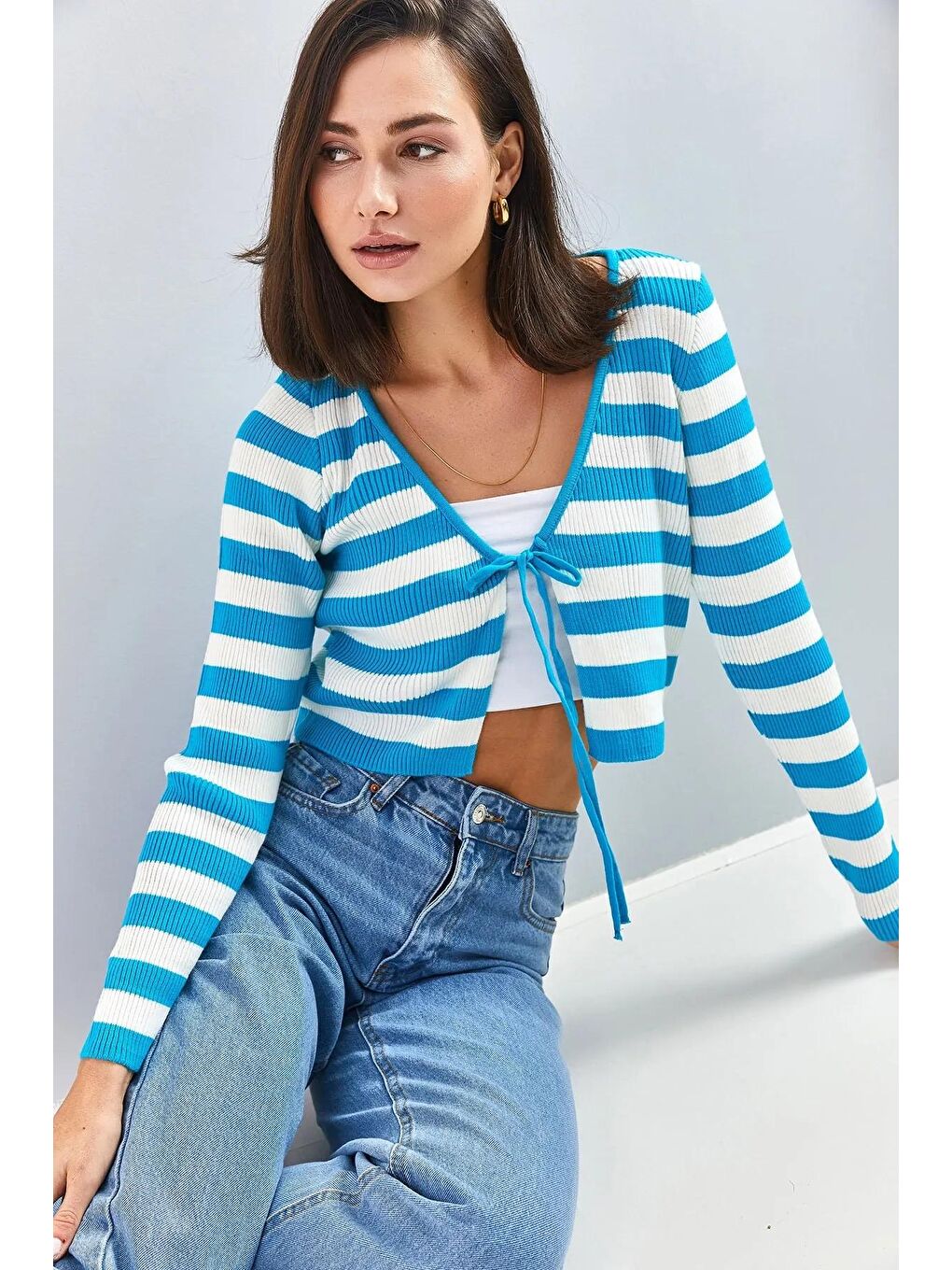 Mavi Kadın Önü Bağlamalı Triko Bolero Hırka-1