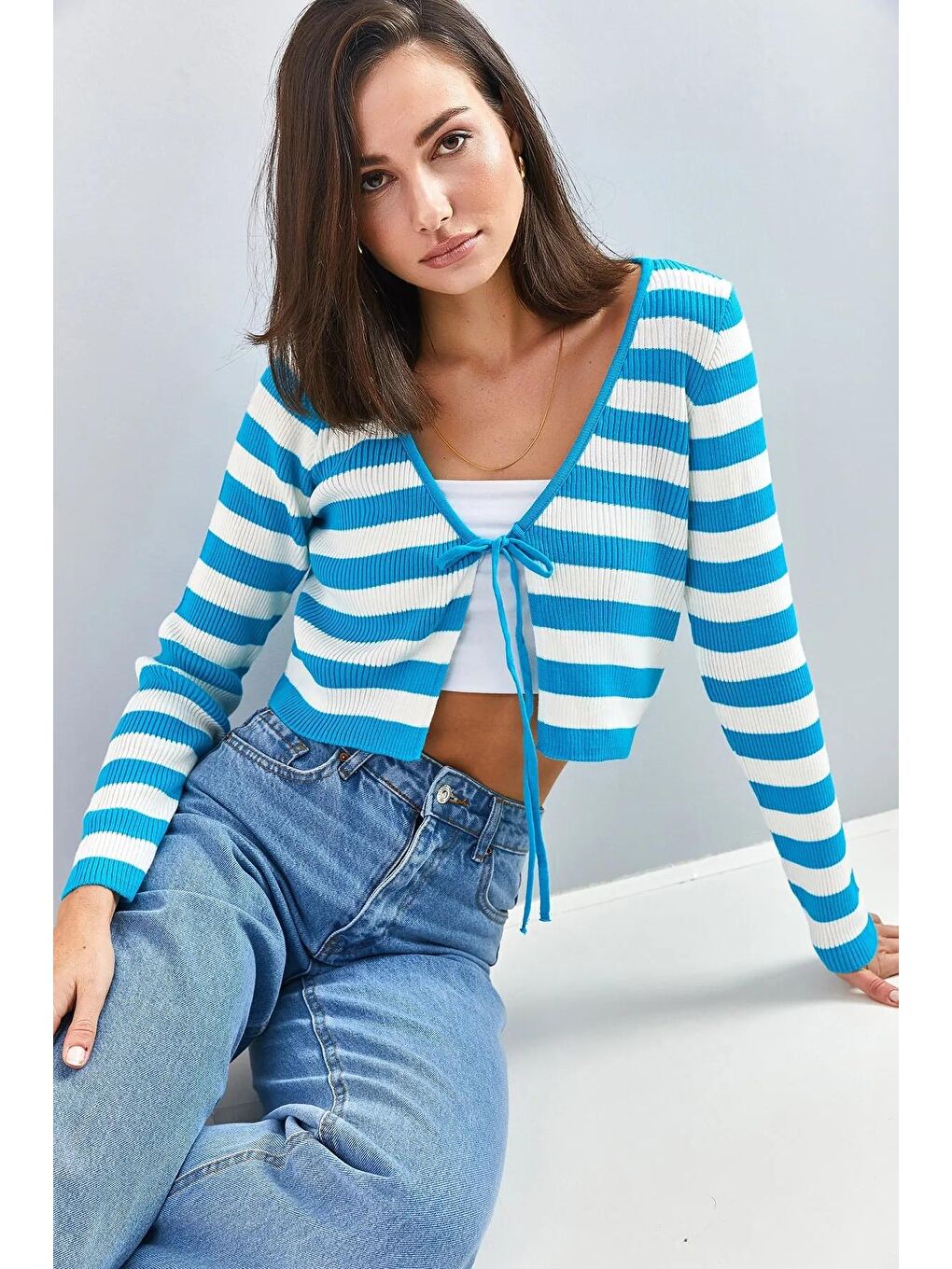 Mavi Kadın Önü Bağlamalı Triko Bolero Hırka-3