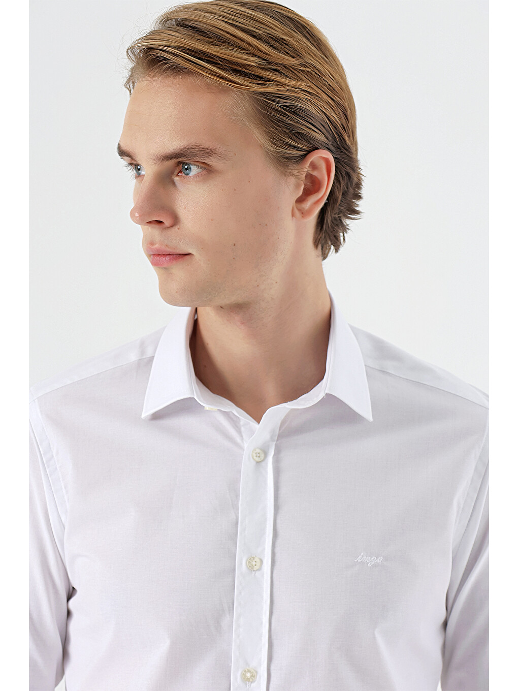 Beyaz Uzun Kollu Filafil Sert Yaka Cepsiz Pamuklu Basic Slim Fit Dar Kesim Gömlek 1004240008-4
