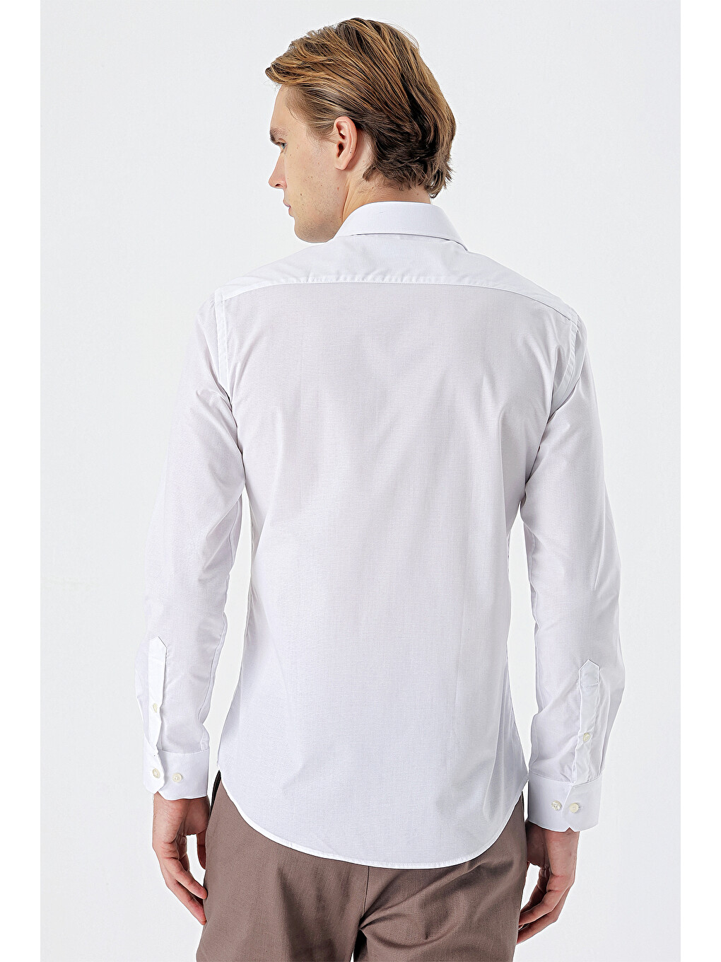 Beyaz Uzun Kollu Filafil Sert Yaka Cepsiz Pamuklu Basic Slim Fit Dar Kesim Gömlek 1004240008-5