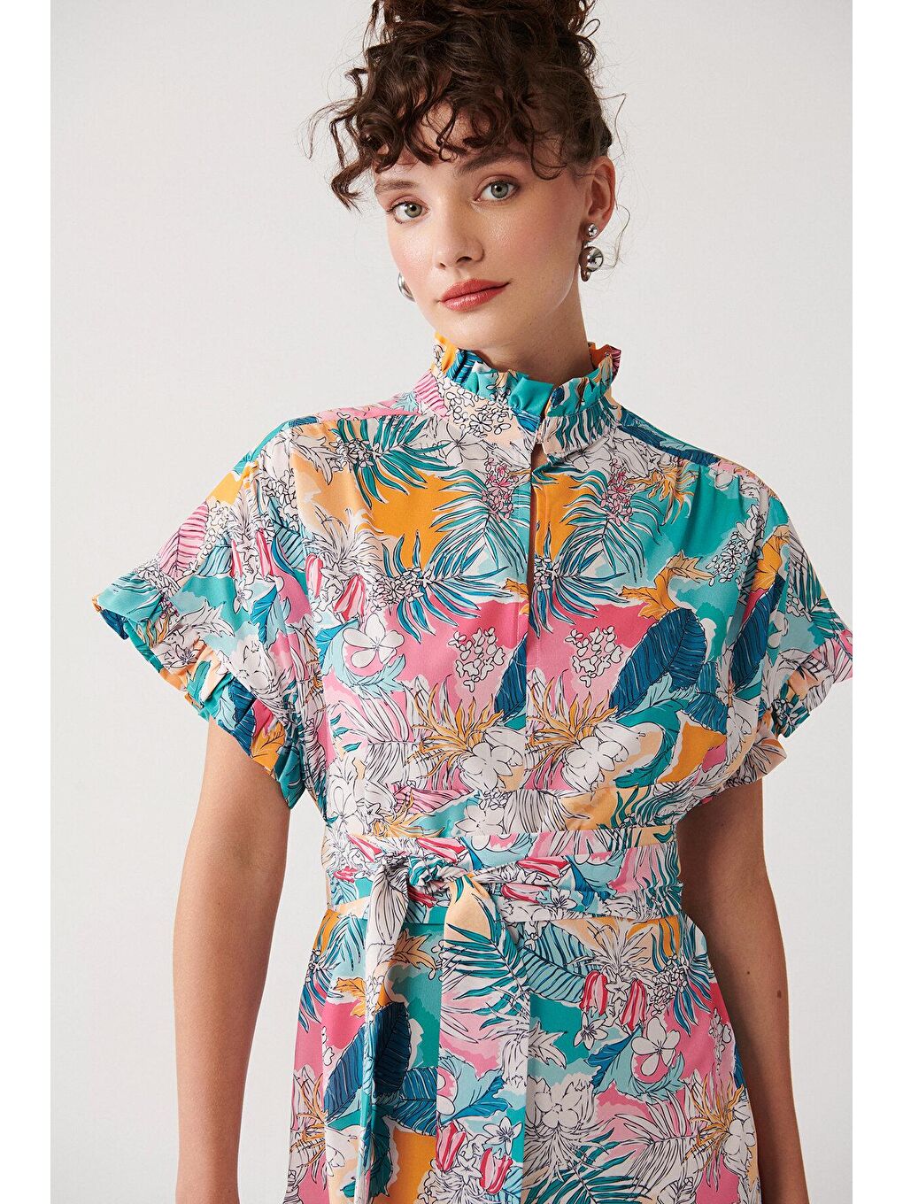 Karışık Baskılı Fırfır Detaylı Elbise-2